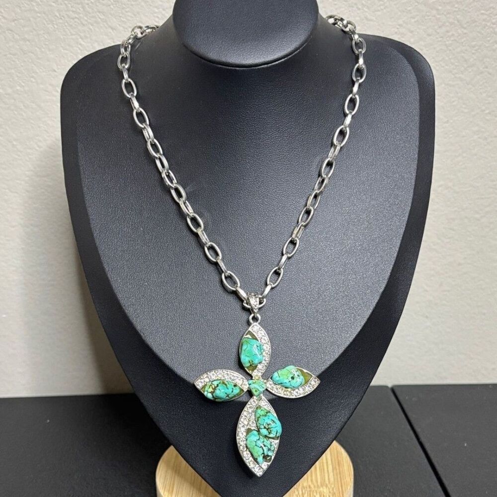 Chunky Turquoise Statement Cross Chain Boho Western Necklace